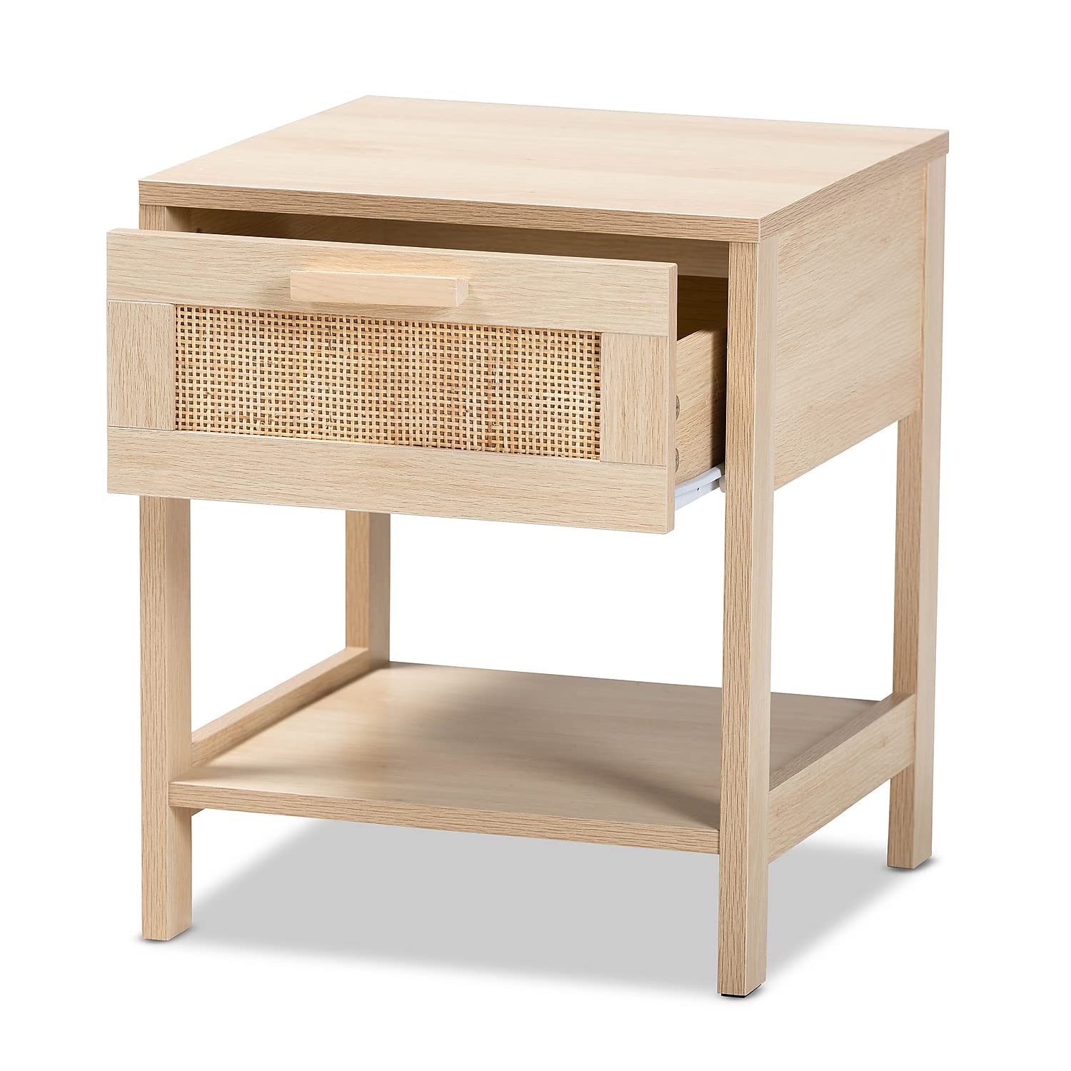Baxton Studio Sebille Mid-Century Modern Light Brown Finished Wood 1-Drawer Nightstand with Natural Rattan